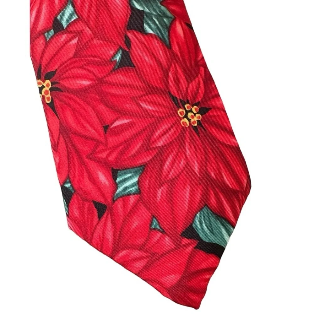 Silk Poinsettia Christmas Necktie Holiday Festive 100% Silk Party Men’s Tie